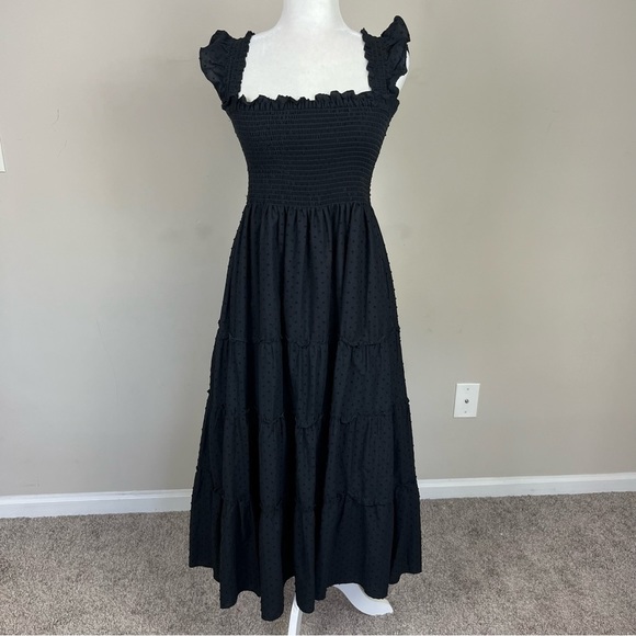 CAARA CALYPSO TIERED MIDI SUNDRESS SMOCKED BODICE FLUTTER STRAPS BLACK LARGE - Picture 2 of 15